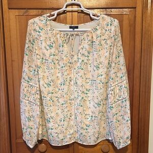 Kaari Blue Cream Peach Floral Blouse Plus 3X EUC Long Sleeve Soft Top